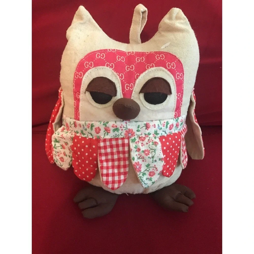 Handmade Owl Doorstop Plush Red Gingham Polka Dot Floral GG Print Decorative